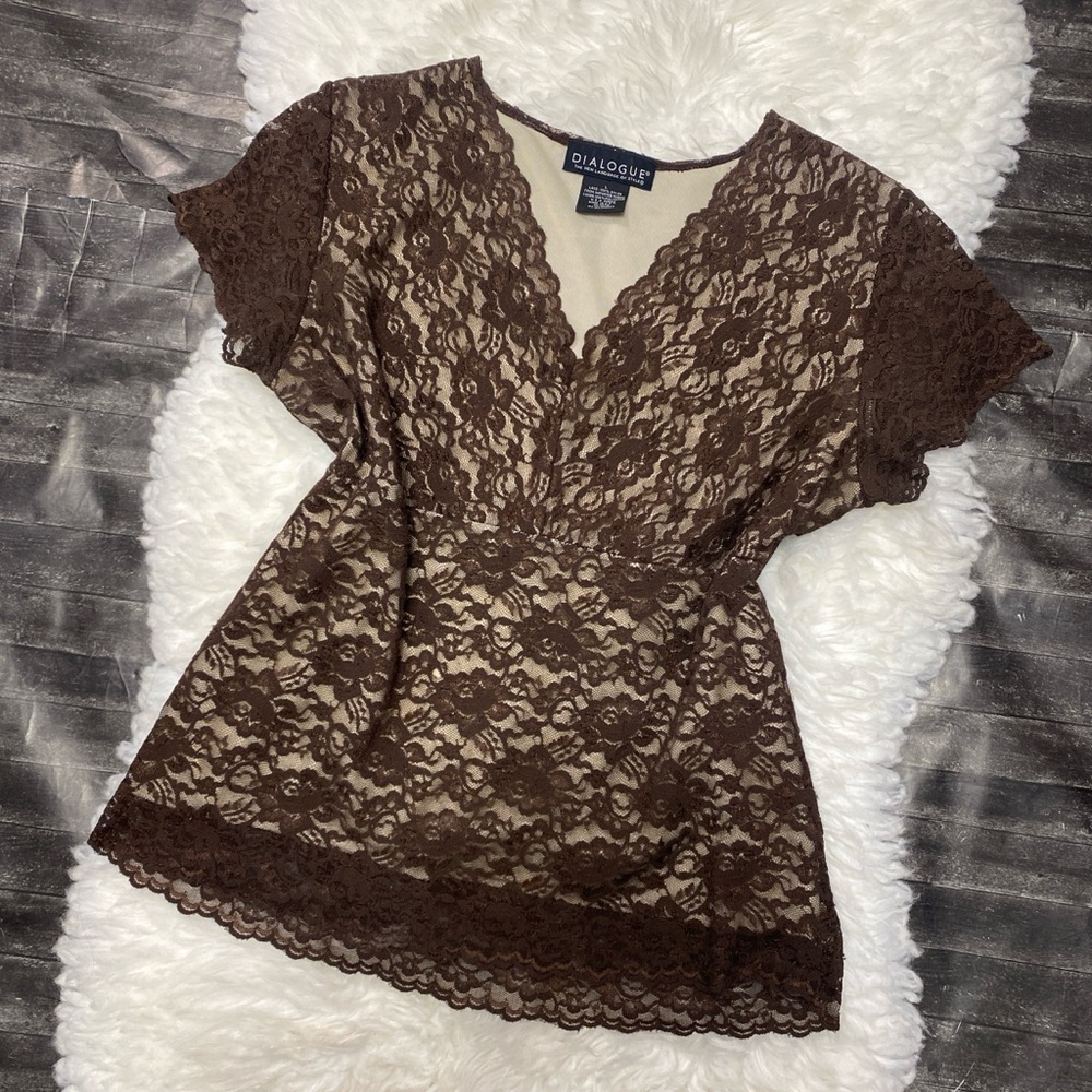 DIALOGUE BROWN FLORAL LACE BEIGE LINED BLOUSE Y2K FAIRY GRUNGE DARK COQUETTE
